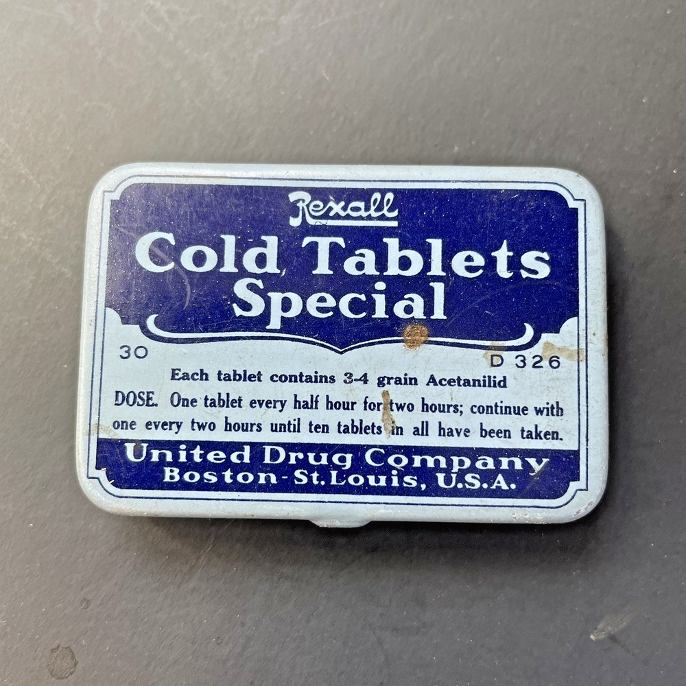 Vtg Rexall Cold Tablets Blue Medicine Tin United Drug Company Empty Insert Paper
